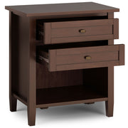 Warm Shaker handcrafted bedside table by Simpli-Home, featuring a natural wood finish and compact accent nightstand design.