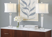 Lumi Source Diamond Torch contemporary crystal table lamp set with clear and off-white shades, polished nickel bases, 2-piece arrangement.