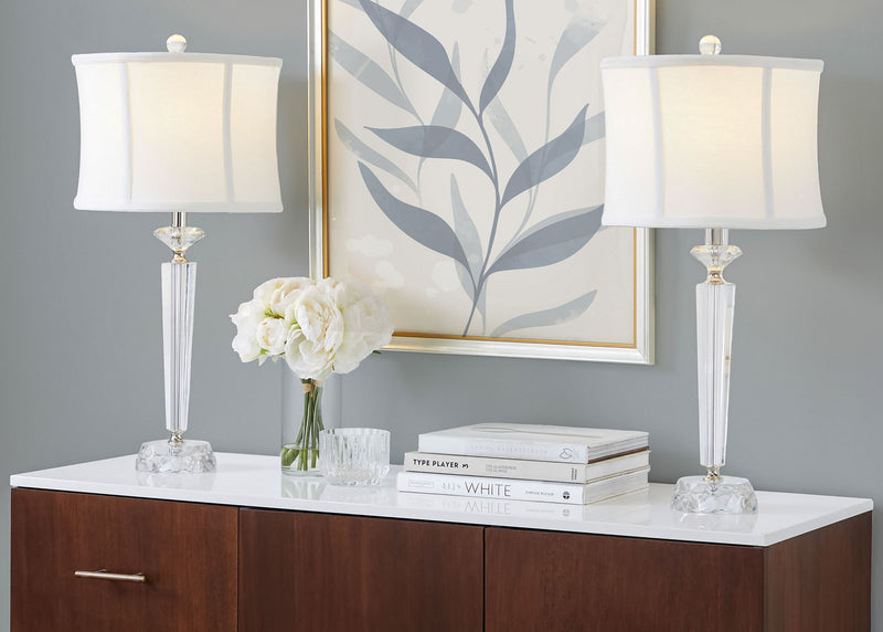 Lumi Source Diamond Torch contemporary crystal table lamp set with clear and off-white shades, polished nickel bases, 2-piece arrangement.