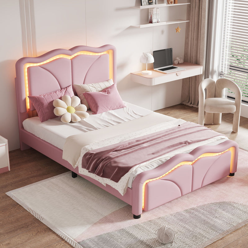 Upholstered Platform Bed & Curve Shaped And Height Adjustable Headboard, LED Light Strips - R&R Furniture Gallery (Fountain Valley, CA)