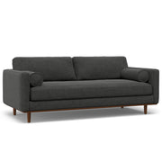 Simpli-Home Morrison upholstered stationary sofa with plush fabric and wide armrests, shown in a cozy living room setting.