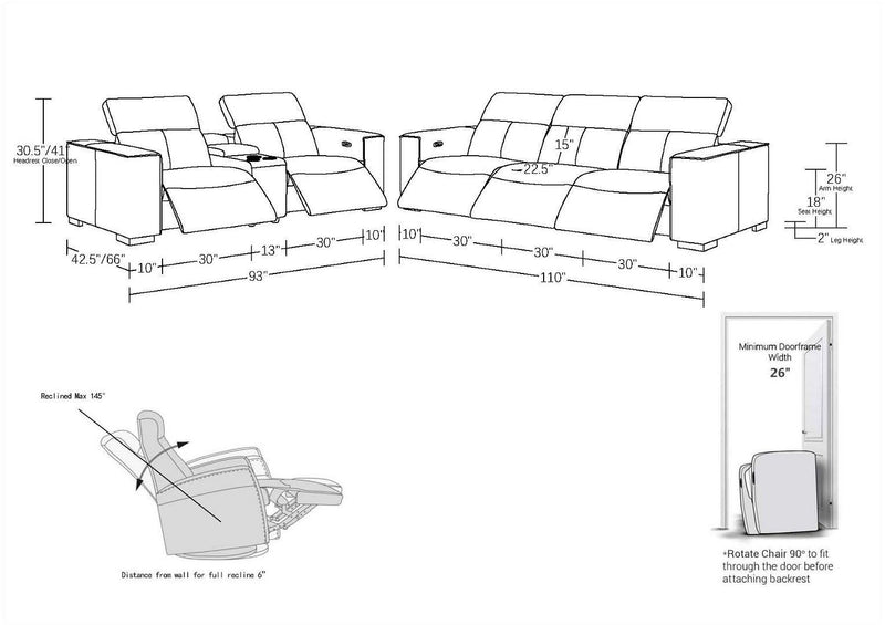 1208 - Leather Reclining Set (Sofa, Loveseat & Chair With 5 Power Recliners)