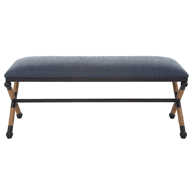 Uttermost Firth accent bench with wooden top and black metal legs, stylish and modern furniture piece.