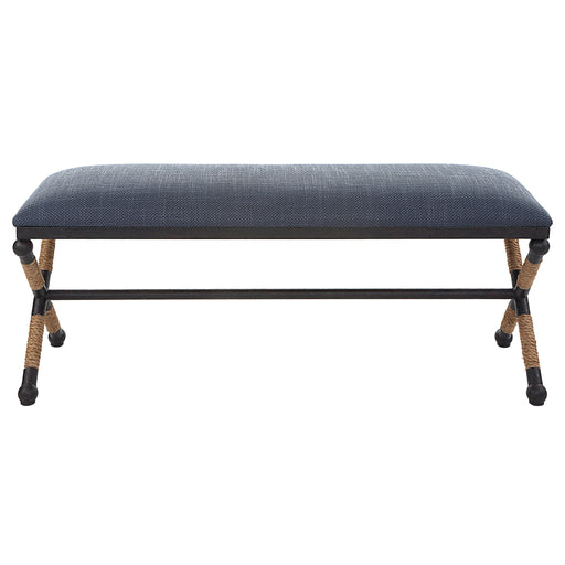Uttermost Firth accent bench with wooden top and black metal legs, stylish and modern furniture piece.