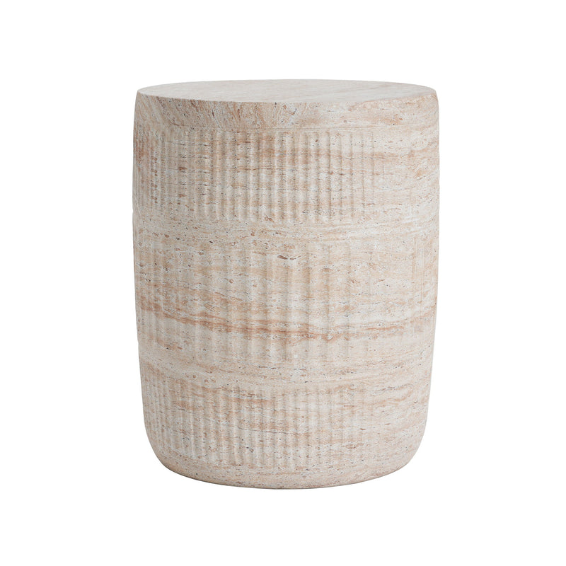 Beige lightweight concrete side table with travertine top by Noble House, suitable for outdoor and indoor use.