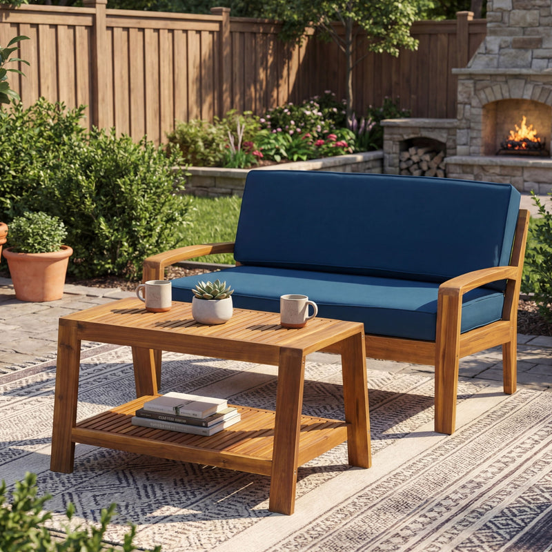2 Piece Outdoor Conversation Set (Loveseat & Coffee Table With Water-Resistant Cushions) - Dark Blue / Teak - R&R Furniture Gallery (Fountain Valley, CA)
