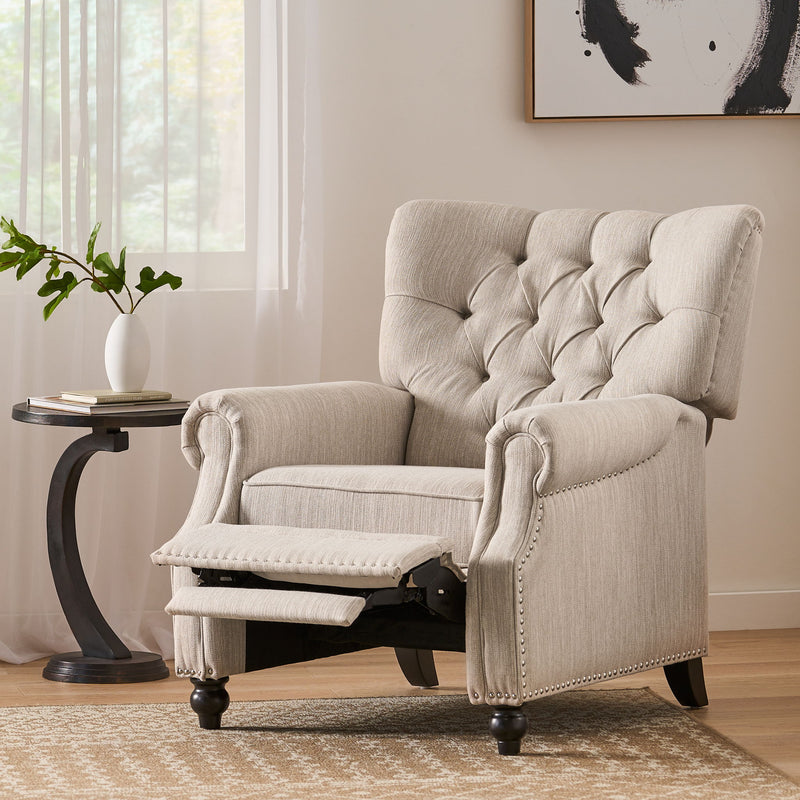 Welch Noble House contemporary tufted pushback recliner in dark upholstery with plush cushioning and modern design.