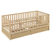 DreamHaus storage daybed with fence guardrails, two drawers, split into floor bed and daybed, showcasing its versatile design.