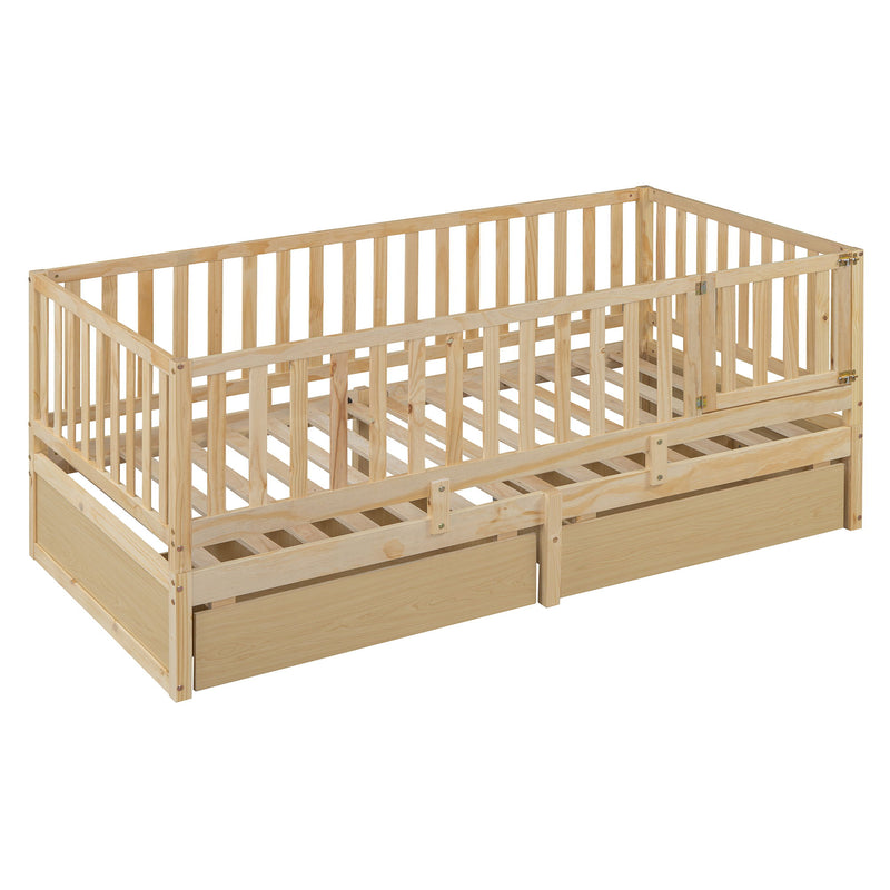 DreamHaus storage daybed with fence guardrails, two drawers, split into floor bed and daybed, showcasing its versatile design.