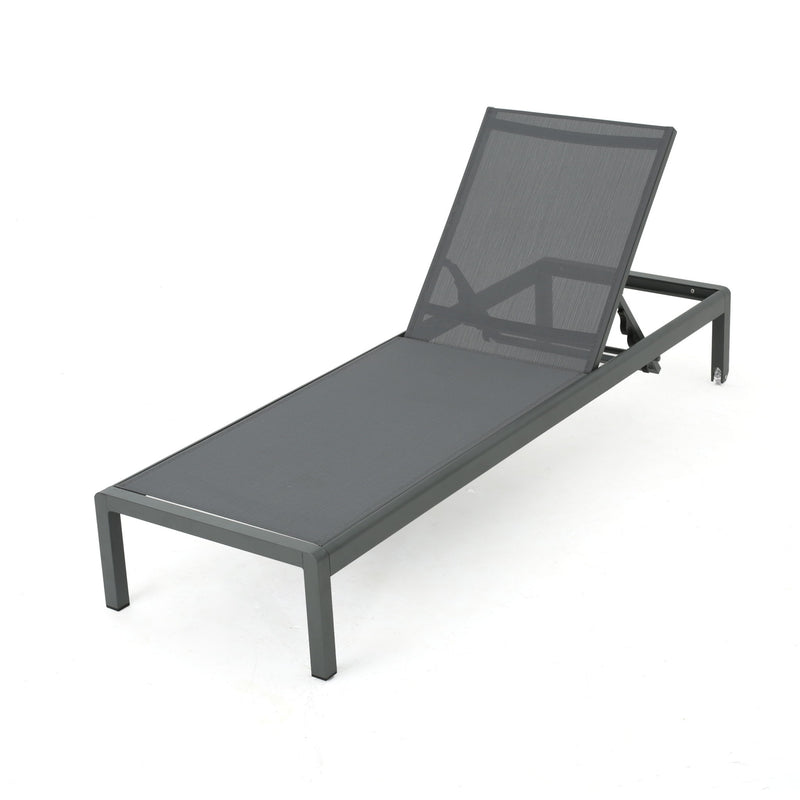 Noble House outdoor patio chaise lounge with five reclining positions, featuring cushioned seating and a sleek design for outdoor relaxation.