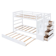 White DreamHaus twin over twin bunk bed with staircase and trundle, featuring sturdy wood construction and space-saving design.