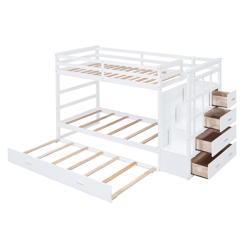 White DreamHaus twin over twin bunk bed with staircase and trundle, featuring sturdy wood construction and space-saving design.