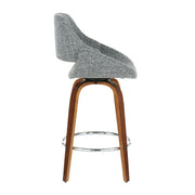 Set of two Fabrico Mid Century Modern counter stools by Lumi Source with wooden legs and upholstered seats.