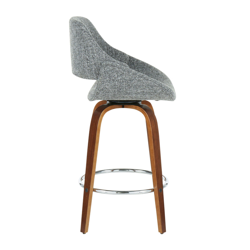 Set of two Fabrico Mid Century Modern counter stools by Lumi Source with wooden legs and upholstered seats.