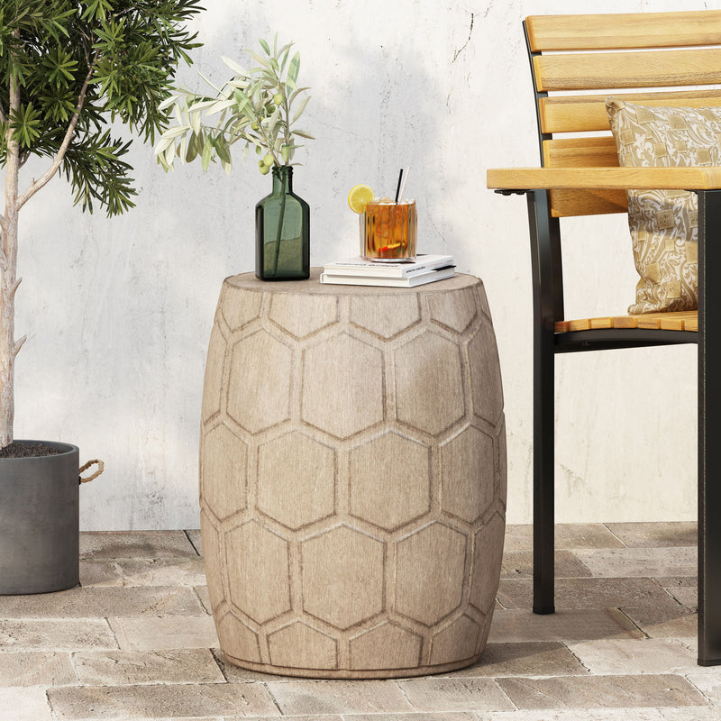 Outdoor lightweight concrete side table by Noble House with a natural finish, showcasing a modern and sturdy design.