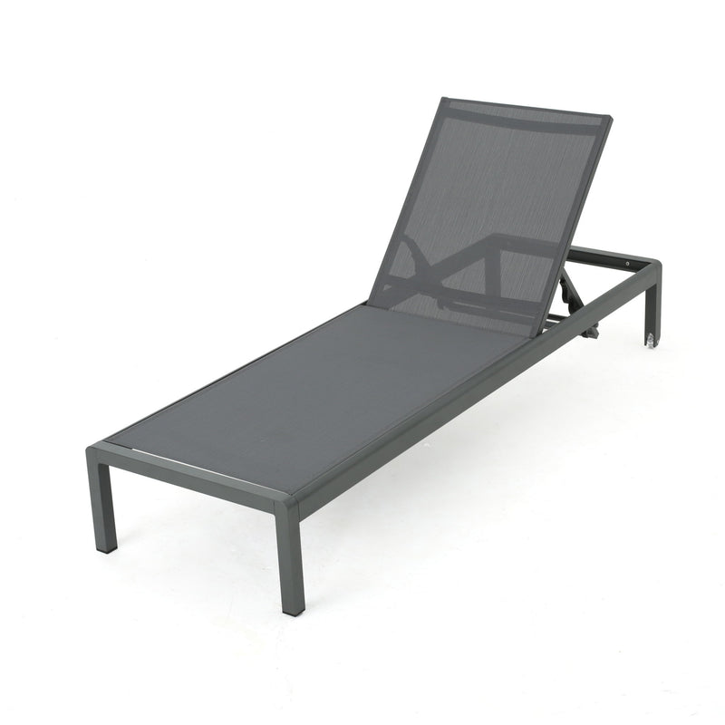 Noble House outdoor patio chaise lounge with five reclining positions, featuring a cushioned seat and sleek metal frame.