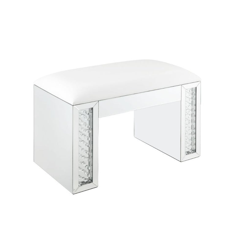 Nysa - Vanity Stool - Ivory Synthetic Leather , Mirrored & Faux Crystals - R&R Furniture Gallery (Fountain Valley, CA)