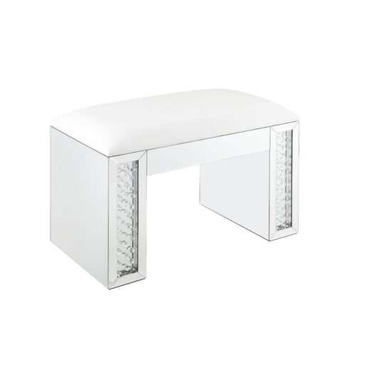 Nysa - Vanity Stool - Ivory Synthetic Leather , Mirrored & Faux Crystals - R&R Furniture Gallery (Fountain Valley, CA)