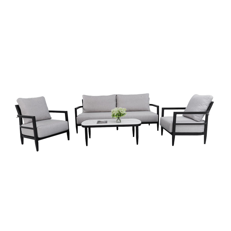 Life Outside 4-piece outdoor conversation set with chairs, bench sofa, tables, and Sunbrella cushions in a cozy patio setting.