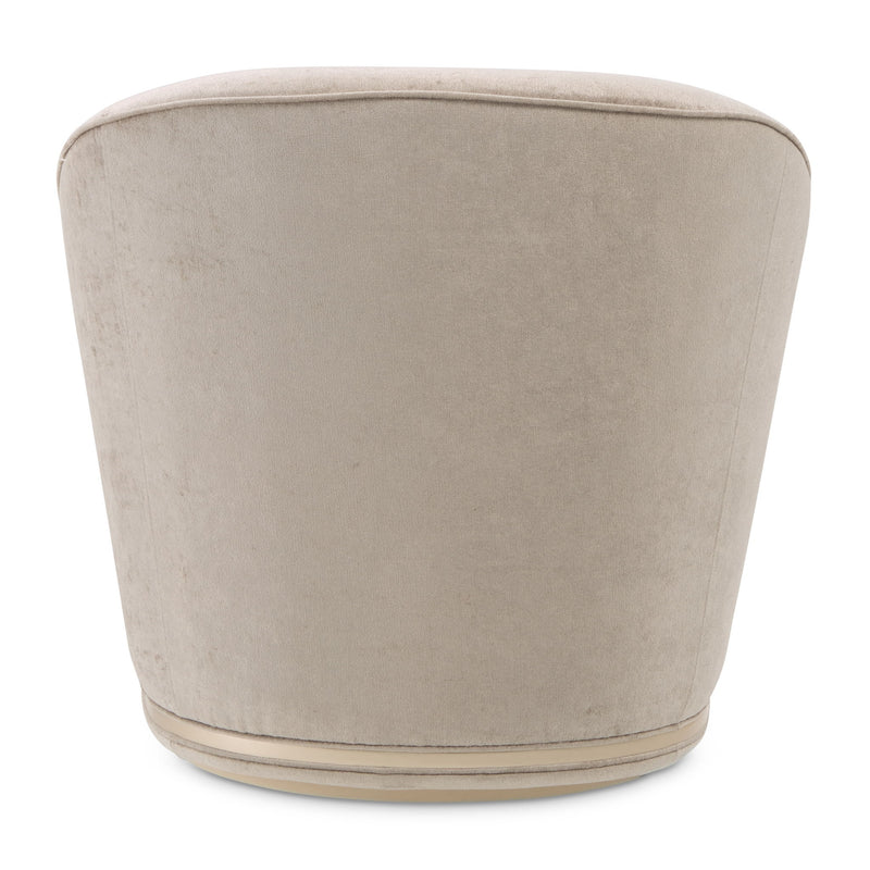 Michael Amini La Rachelle swivel chair with plush fabric upholstery and a stylish wooden base, showcasing modern comfort and design.