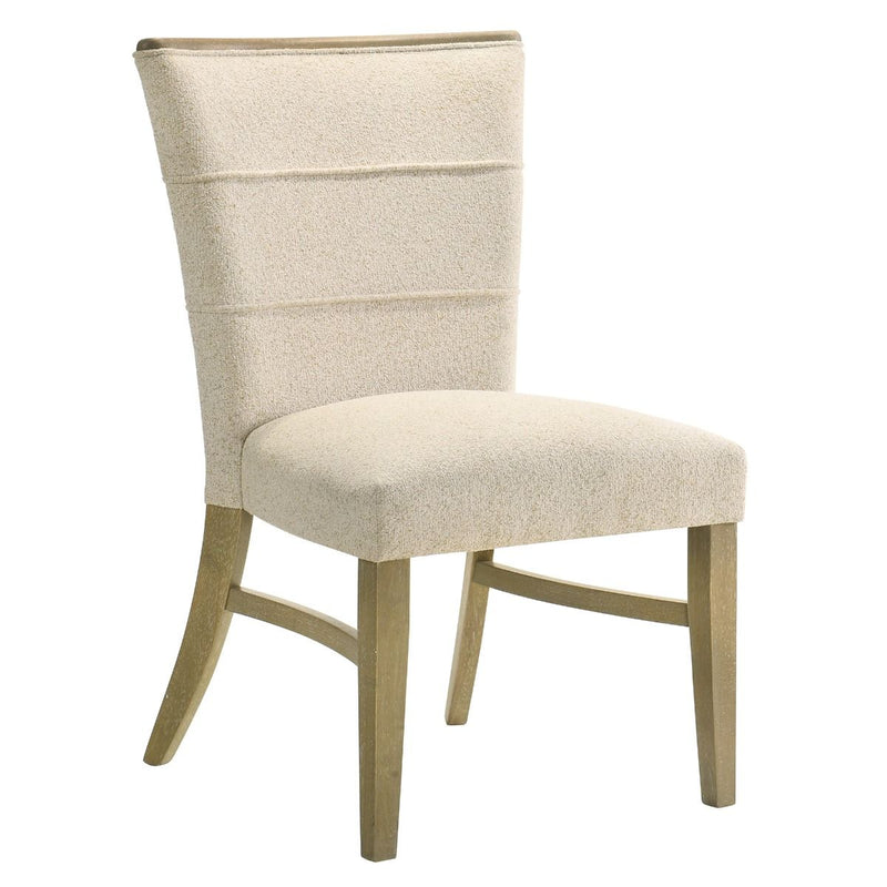 Set of two ACME Olinda linen side chairs with wooden legs, featuring cushioned seats and stylish, beige upholstery.