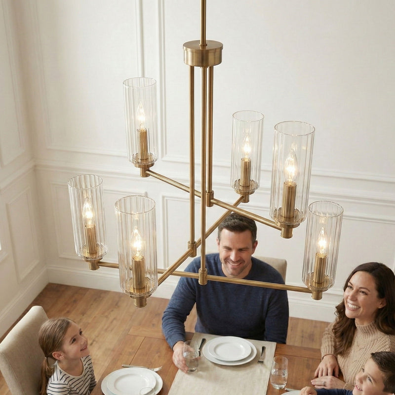 Timeless - 6 Lights Chandelier With Clear Ribbed Satin - Antique Brass / Clear / Gold - R&R Furniture Gallery (Fountain Valley, CA)