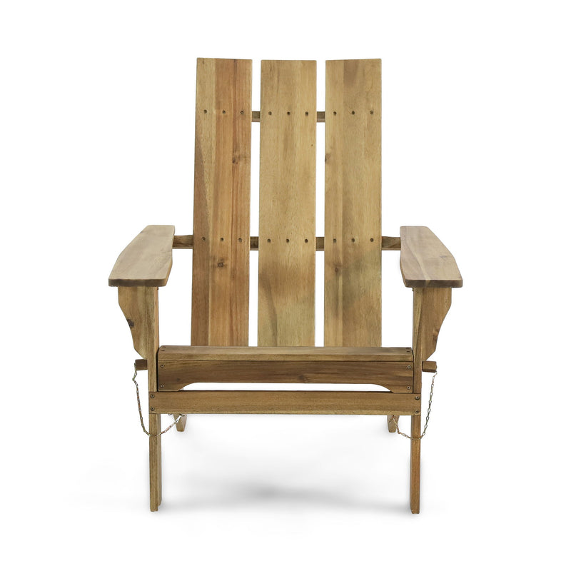 Natural wood outdoor foldable Adirondack arm chair with slat back by Noble House, ideal for patio and garden relaxation.