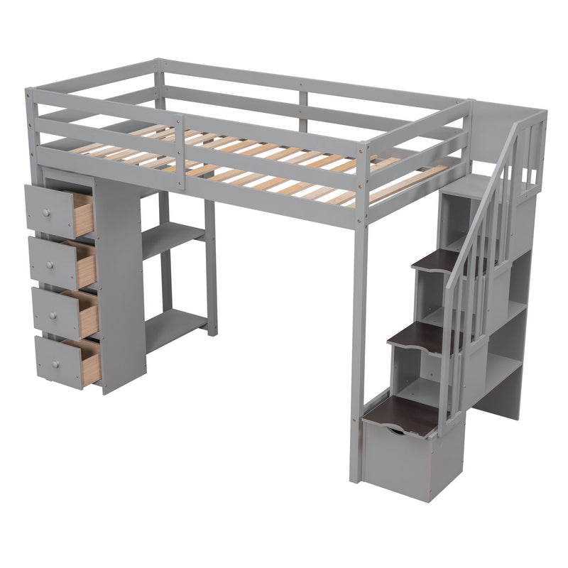 DreamHaus loft bed with built-in storage drawers, stairs, and shelves, featuring a modern design for efficient space use.