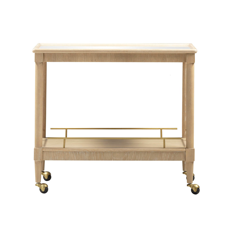 Natural ash TOV Furniture Slosh bar cart with sleek wooden shelves and metal frame, ideal for stylish home bar setups.