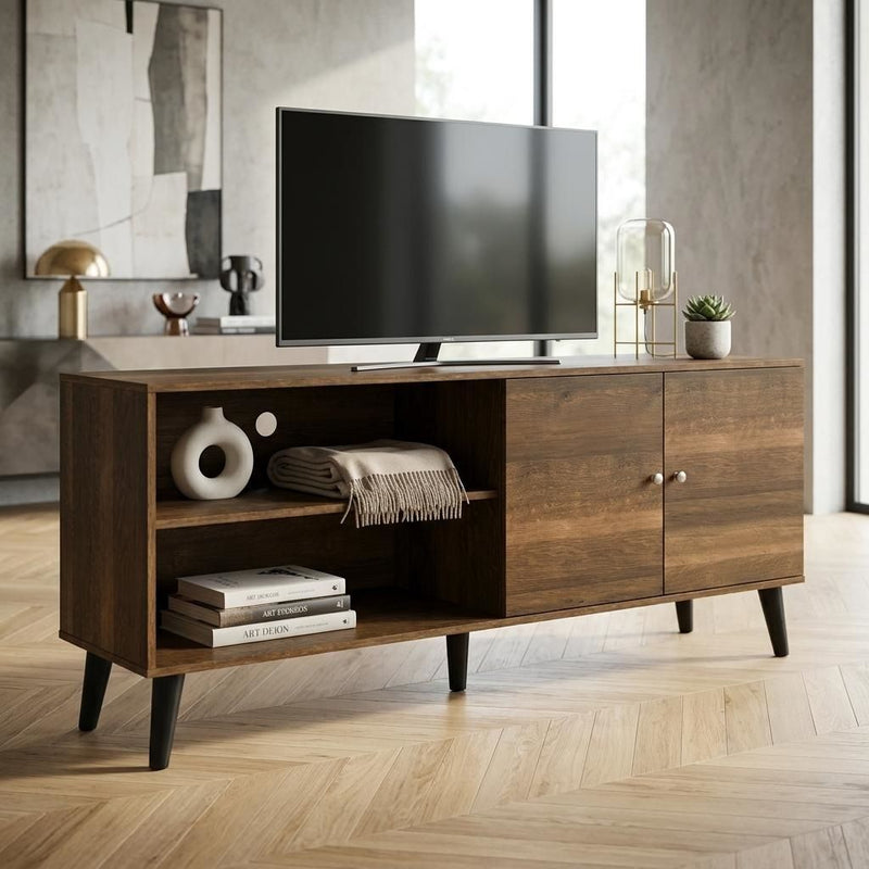 US Pride Amidon TV stand with two storage shelves and one cabinet, featuring a modern wooden design for living room use.