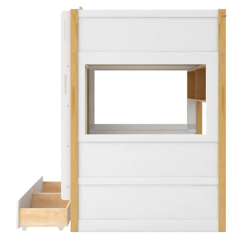 White twin over twin bunk bed by Dreamland with house-shaped guardrails, storage shelves, and drawers, featuring natural wood accents.