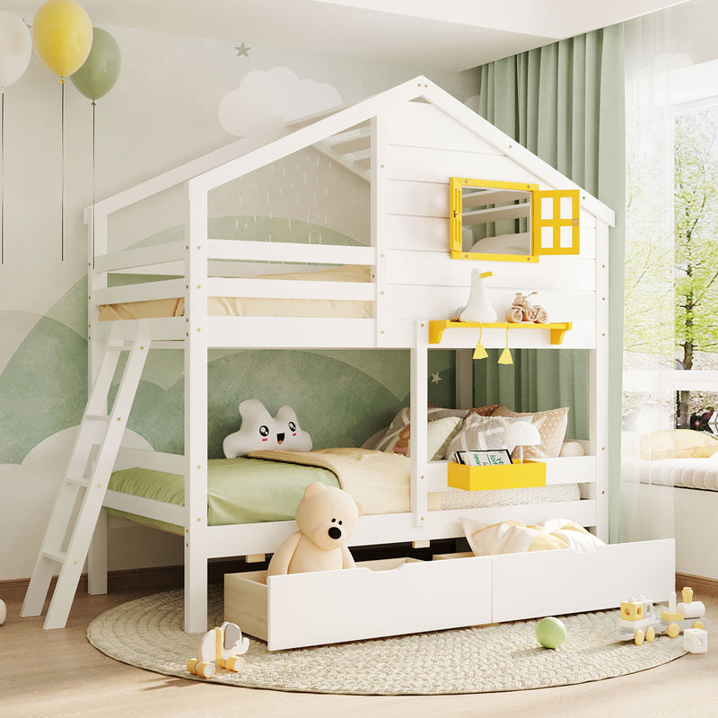 DreamHaus bunk bed with a playhouse roof and window, featuring a sturdy wooden frame and cozy design for kids' bedrooms.