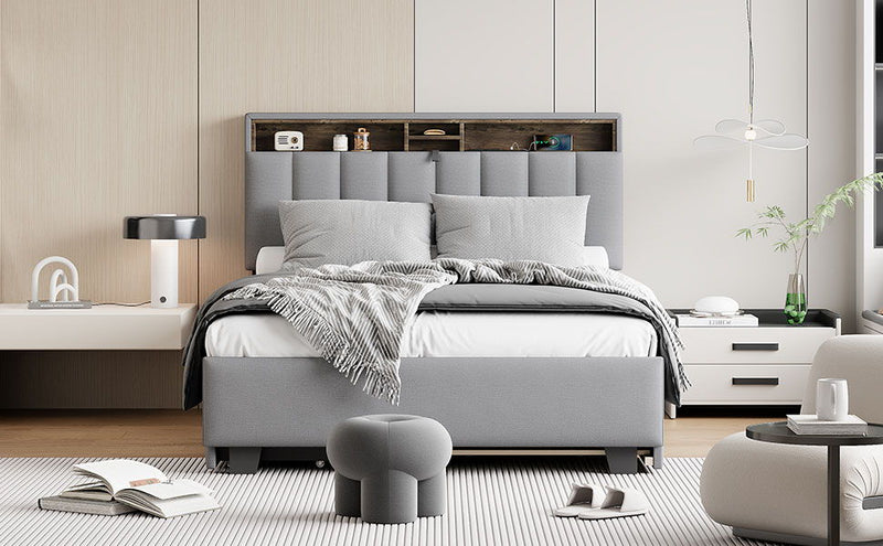 Upholstered Platform Bed With Storage Headboard, Trundle & 2 Drawers And A Set Of Sockets & USB Ports - R&R Furniture Gallery (Fountain Valley, CA)
