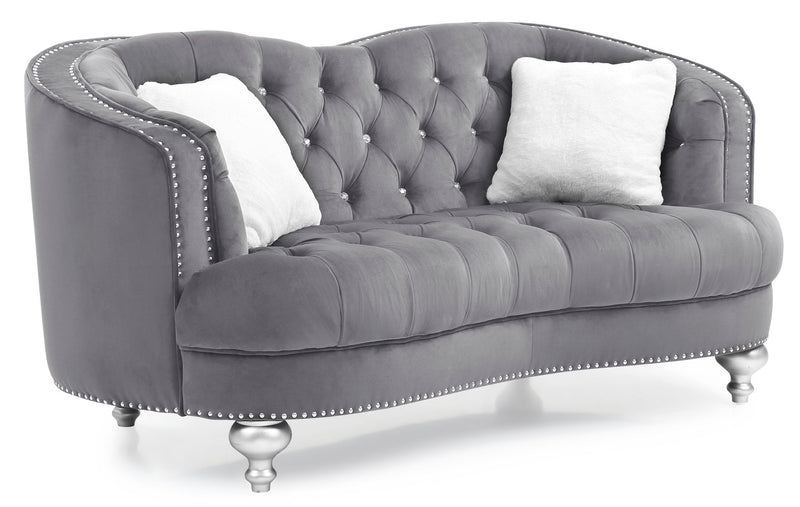 Glory Furniture Jewel loveseat stationary sofa with plush fabric upholstery and elegant design, shown in a cozy living room setting.