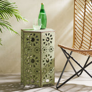 Noble House Galore side table with sunburst cut-out design, round wooden surface and decorative geometric pattern.
