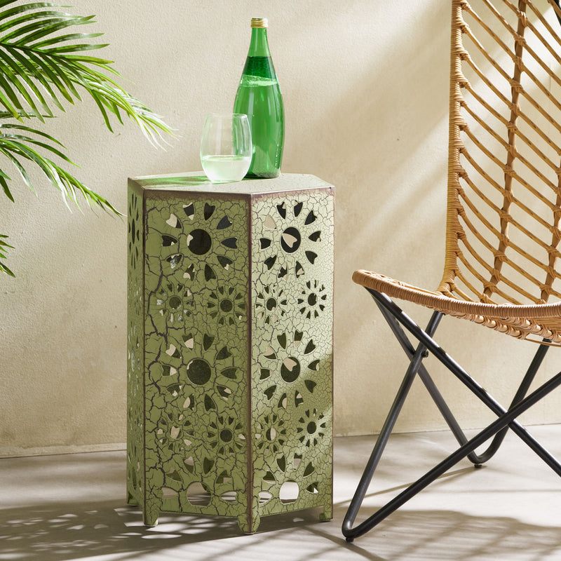 Noble House Galore side table with sunburst cut-out design, round wooden surface and decorative geometric pattern.