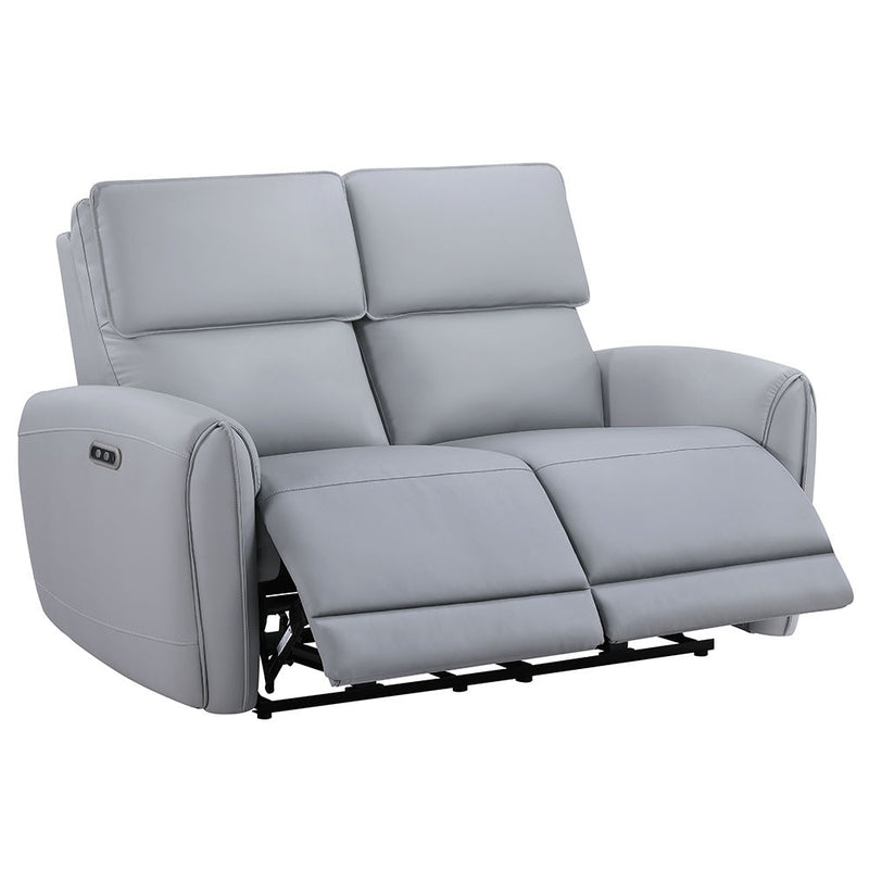 Gray ACME Jeromie power motion loveseat with USB port, featuring reclining seats and synthetic leather upholstery.