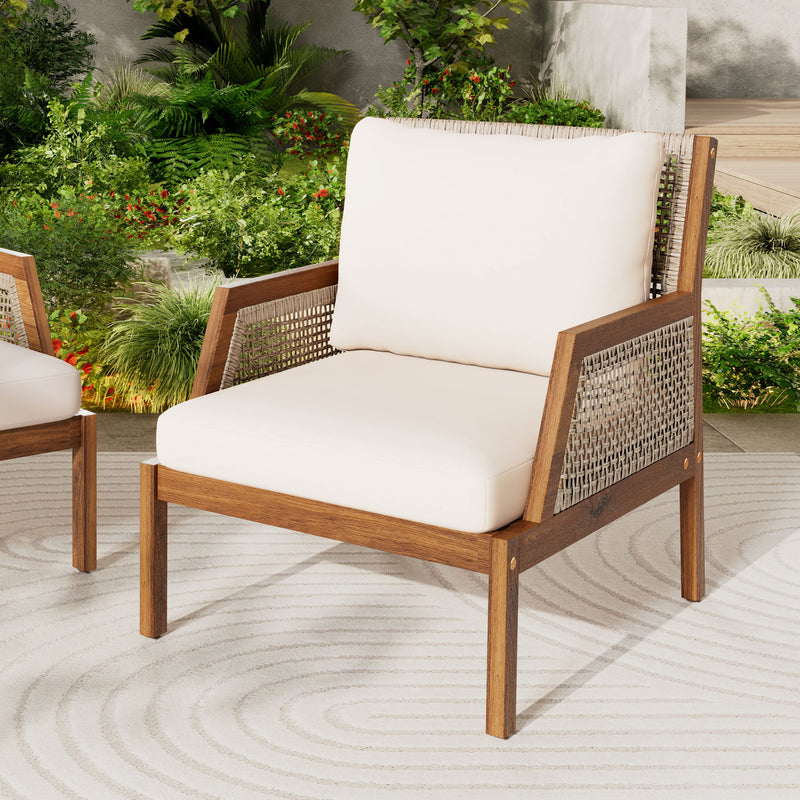 Acacia Wood Patio Furniture Club Chair, Outdoor Wicker Armchair, Deep Seating With Soft Cushions For Porch - Teak / Mix Brown - R&R Furniture Gallery (Fountain Valley, CA)