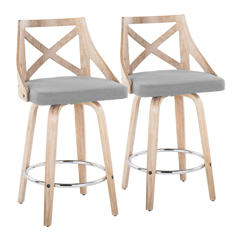 Lumi Source Charlotte farmhouse fixed height counter stool set with swivel, round footrest, and wooden seat in a modern kitchen setting