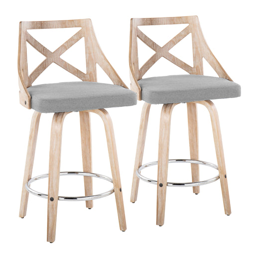Lumi Source Charlotte farmhouse fixed height counter stool set with swivel, round footrest, and wooden seat in a modern kitchen setting