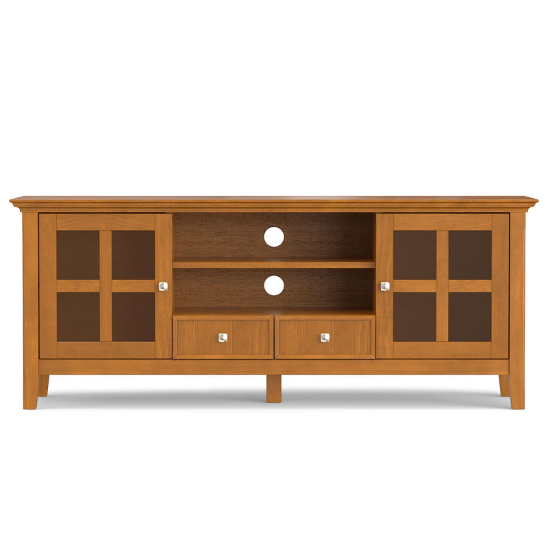 Simpli-Home Acadian TV media stand with open shelves and storage compartments, crafted in a modern wood finish.