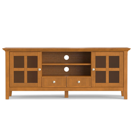 Simpli-Home Acadian TV media stand with open shelves and storage compartments, crafted in a modern wood finish.