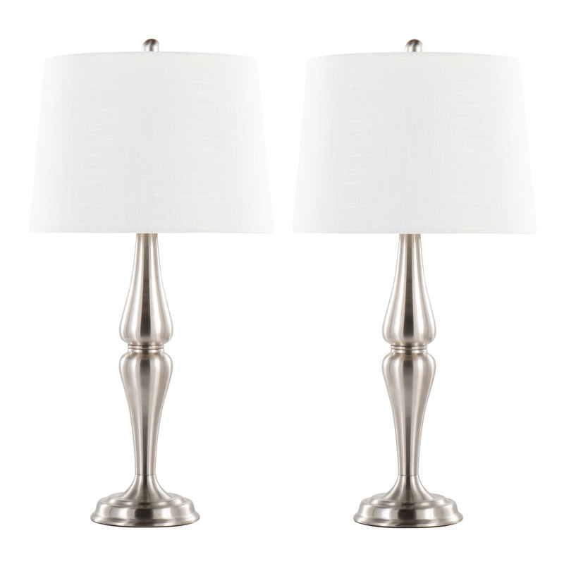 Lumi Source Sawyer contemporary table lamp set with nickel bases and white shades, modern lighting for living spaces.
