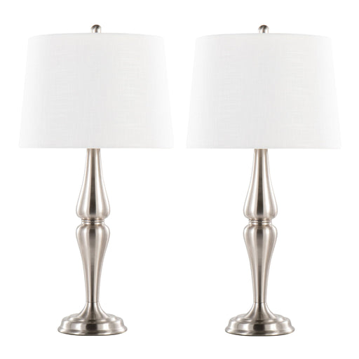 Lumi Source Sawyer contemporary table lamp set with nickel bases and white shades, modern lighting for living spaces.