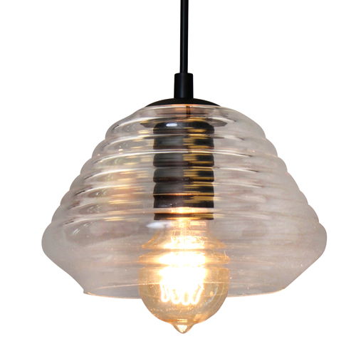 Lumi Source Triangle Industrial Pendant Light with clear glass shade and geometric design, hanging from a ceiling fixture.