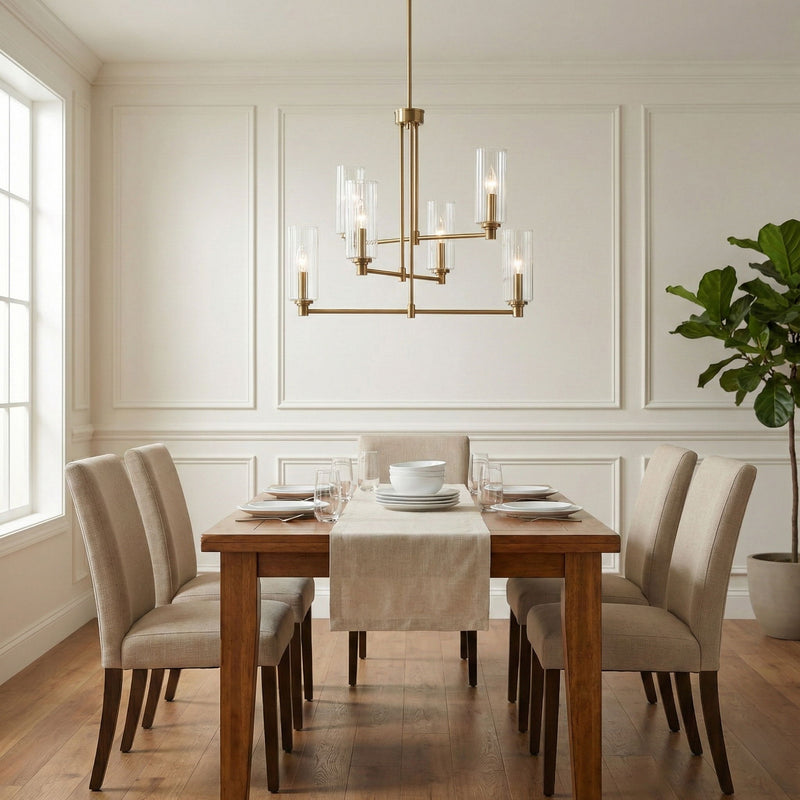Timeless - 6 Lights Chandelier With Clear Ribbed Satin - Antique Brass / Clear / Gold - R&R Furniture Gallery (Fountain Valley, CA)