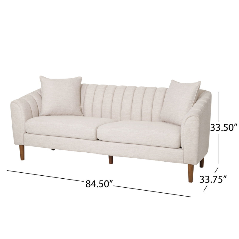 Contemporary Noble House 3-seater stationary sofa with accent pillows, upholstered in neutral fabric, modern living room style.
