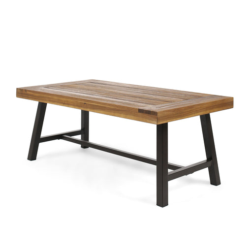 Noble House Carlisle industrial coffee table with natural wood finish and slat panel design, modern and sturdy for living room decor.