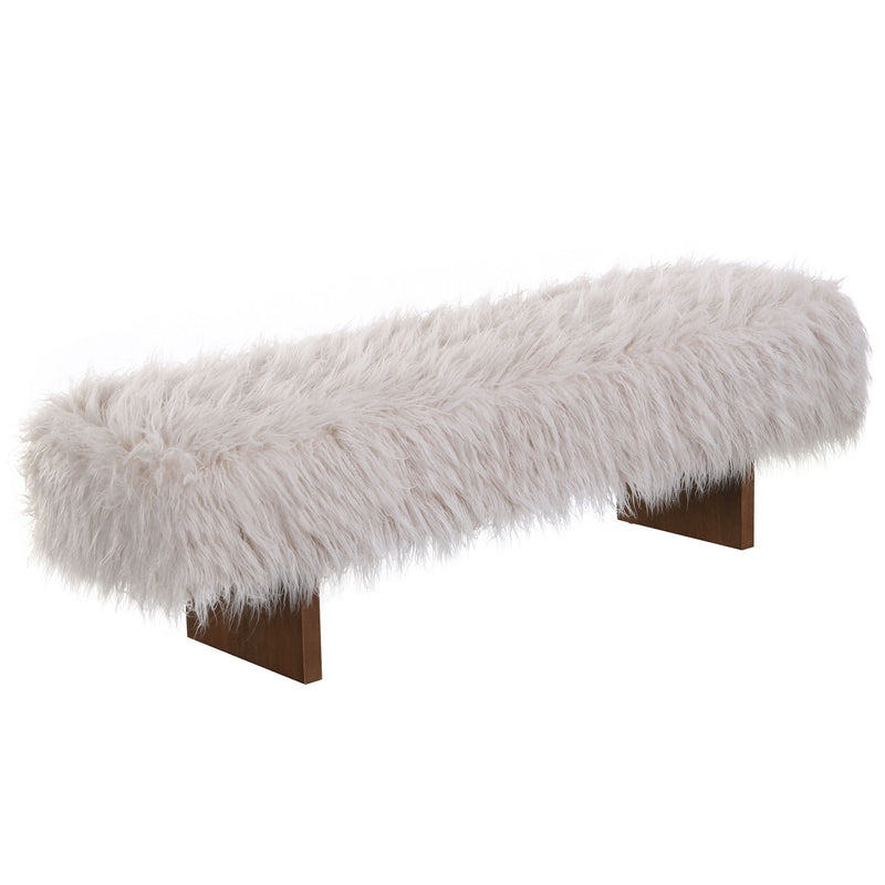 Long-haired faux wool upholstered bench in brown and beige with wooden legs, ideal for seating or accent decor.