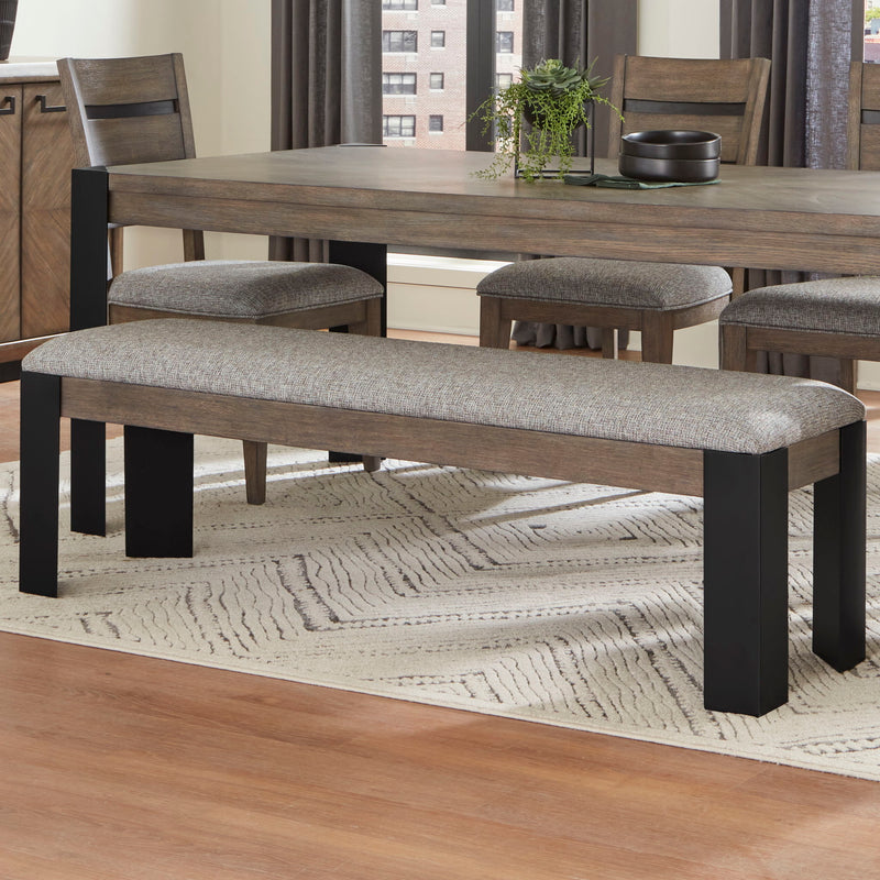 Parker House Cedar Fork upholstered dining bench in smoked Arabica finish, featuring cushioned seating and wooden legs.